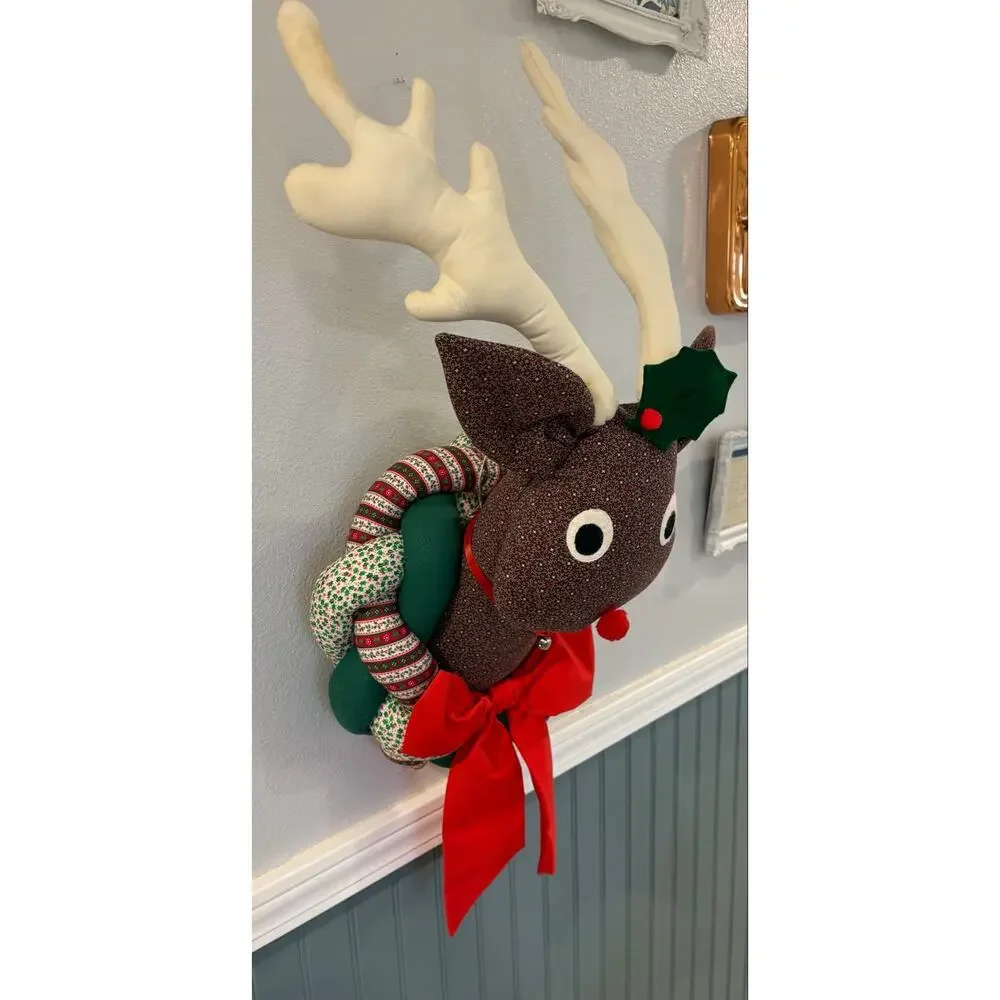 Vintage Patchwork Fabric Reindeer Rudolph Christmas Wreath